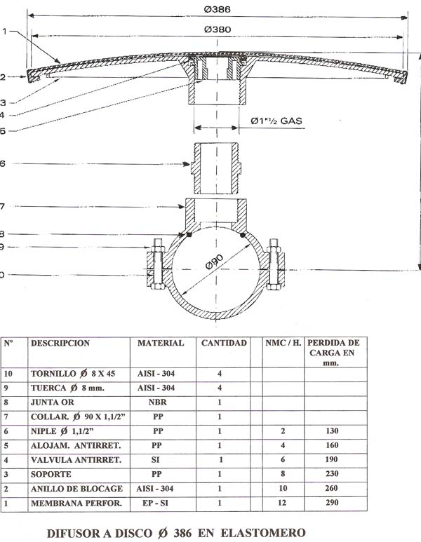 plano Difusor de microburbuja a disco 9 260 - ELASTOMERO -Difusores para Depuración y agitaciÓN de aguas